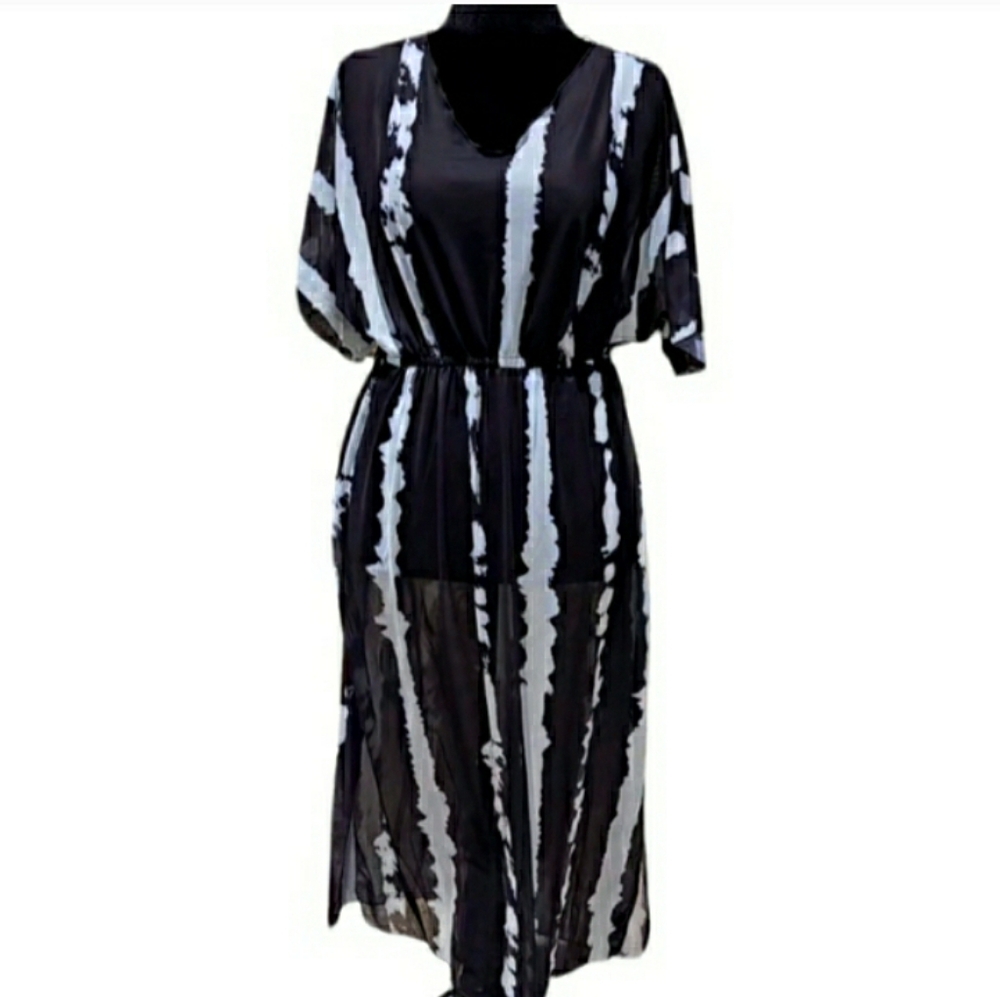 Swimsuit Cover Up Dress Black White Stretch Pullover Swimsuit Large 🌞 NEW - Picture 5 of 10